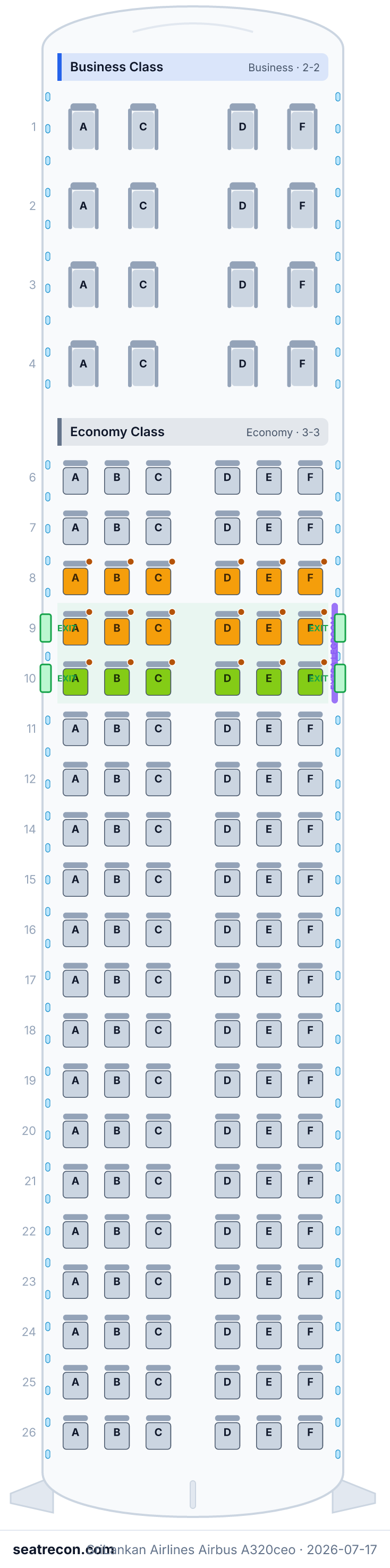 SriLankan Airlines Airbus A320ceo seat map diagram — Business Class, Economy Class (136 seats)