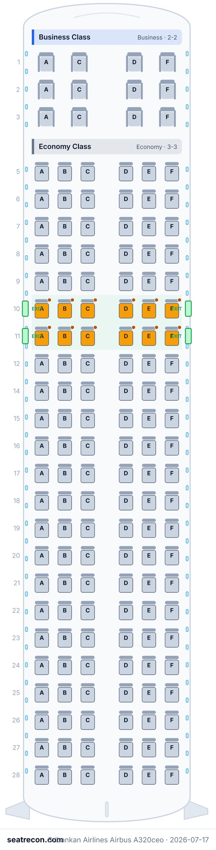 SriLankan Airlines Airbus A320ceo seat map diagram — Business Class, Economy Class (150 seats)