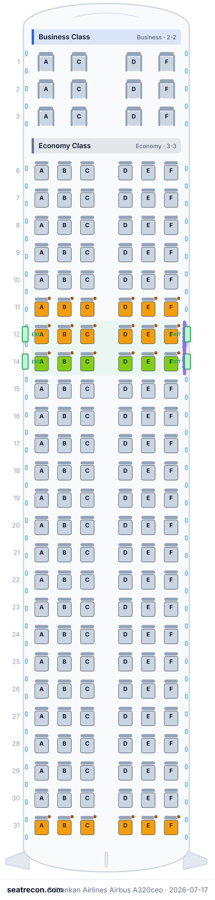 SriLankan Airlines Airbus A320ceo seat map diagram — Business Class, Economy Class (162 seats)