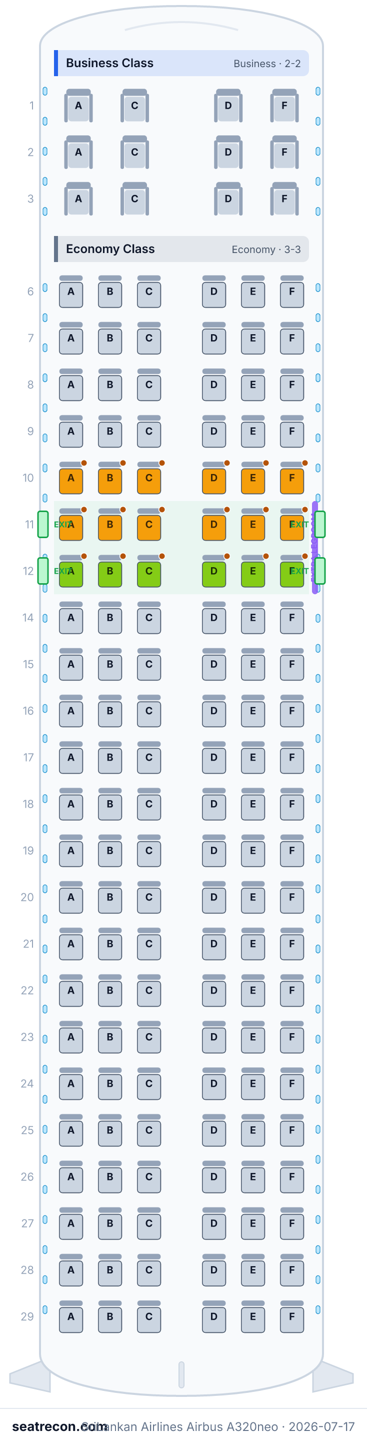 SriLankan Airlines Airbus A320neo seat map diagram — Business Class, Economy Class (150 seats)