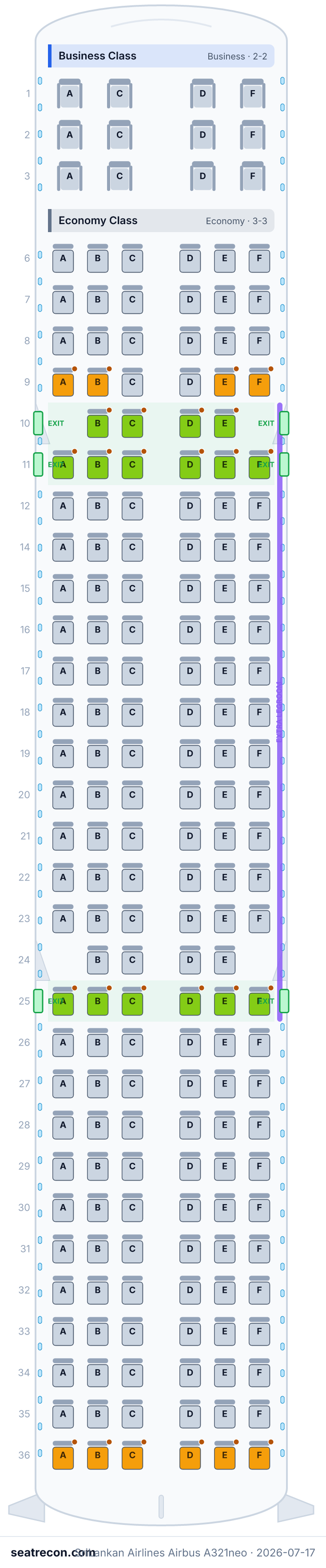 SriLankan Airlines Airbus A321neo seat map diagram — Business Class, Economy Class (188 seats)