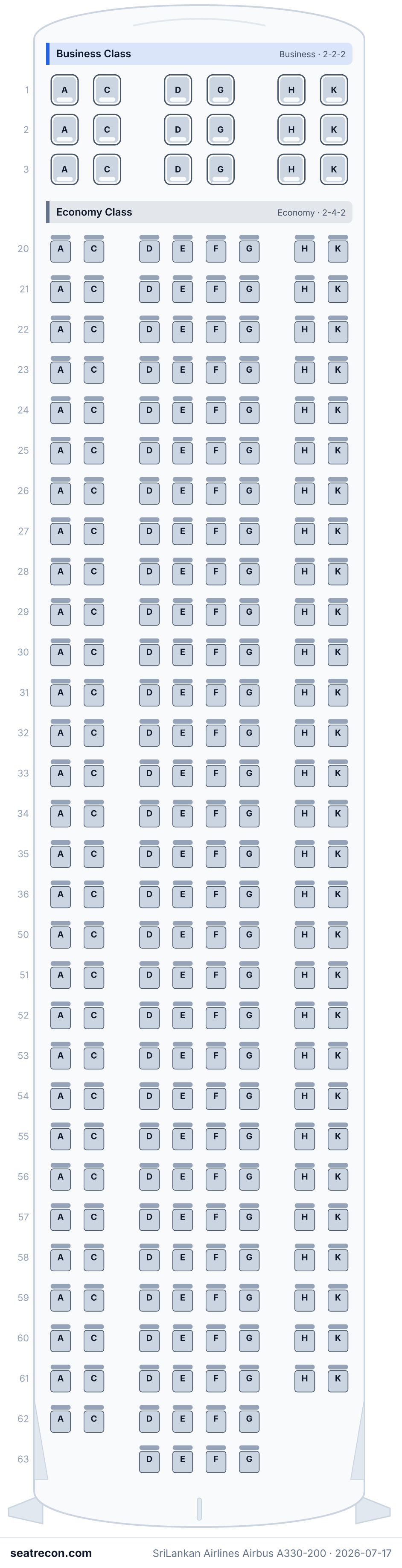 SriLankan Airlines Airbus A330-200 seat map diagram — Business Class, Economy Class (260 seats)