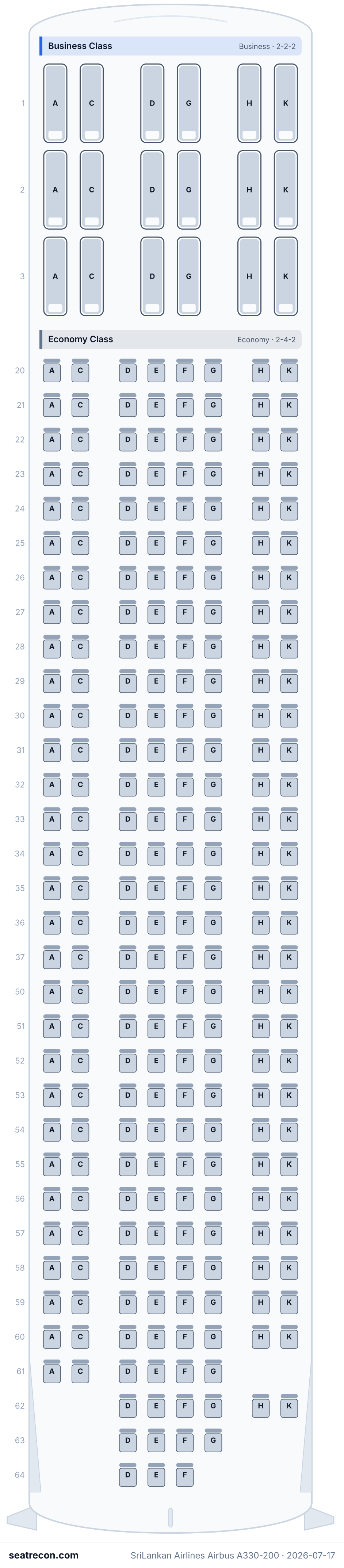 SriLankan Airlines Airbus A330-200 seat map diagram — Business Class, Economy Class (269 seats)