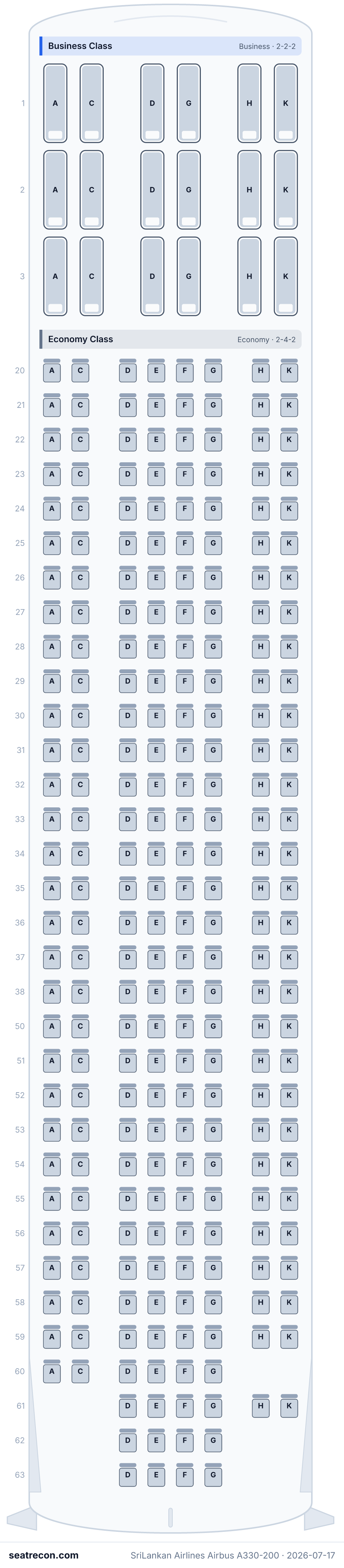 SriLankan Airlines Airbus A330-200 seat map diagram — Business Class, Economy Class (270 seats)