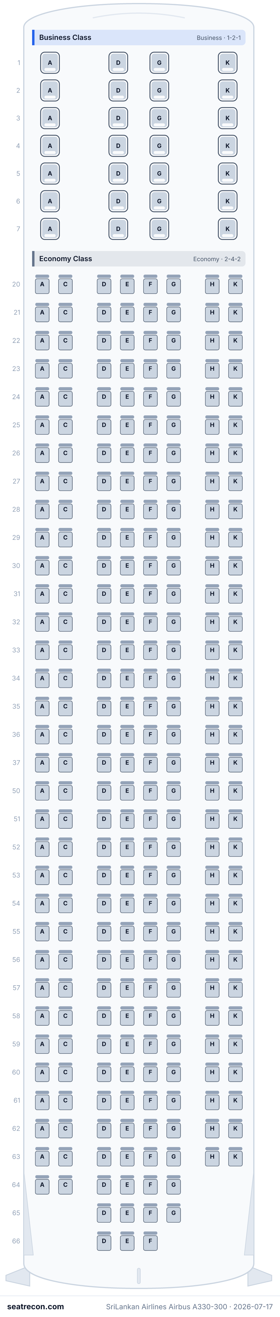 SriLankan Airlines Airbus A330-300 seat map diagram — Business Class, Economy Class (297 seats)
