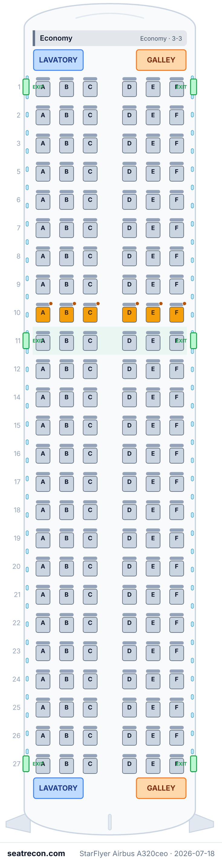 StarFlyer Airbus A320ceo seat map diagram — Economy (150 seats)
