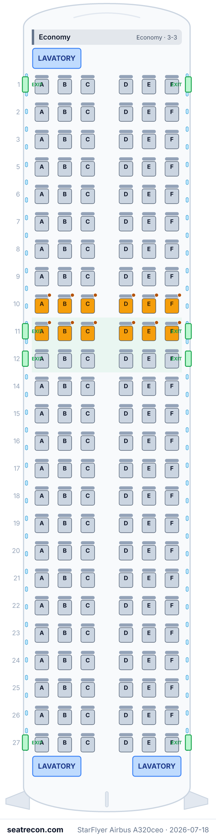 StarFlyer Airbus A320ceo seat map diagram — Economy (150 seats)