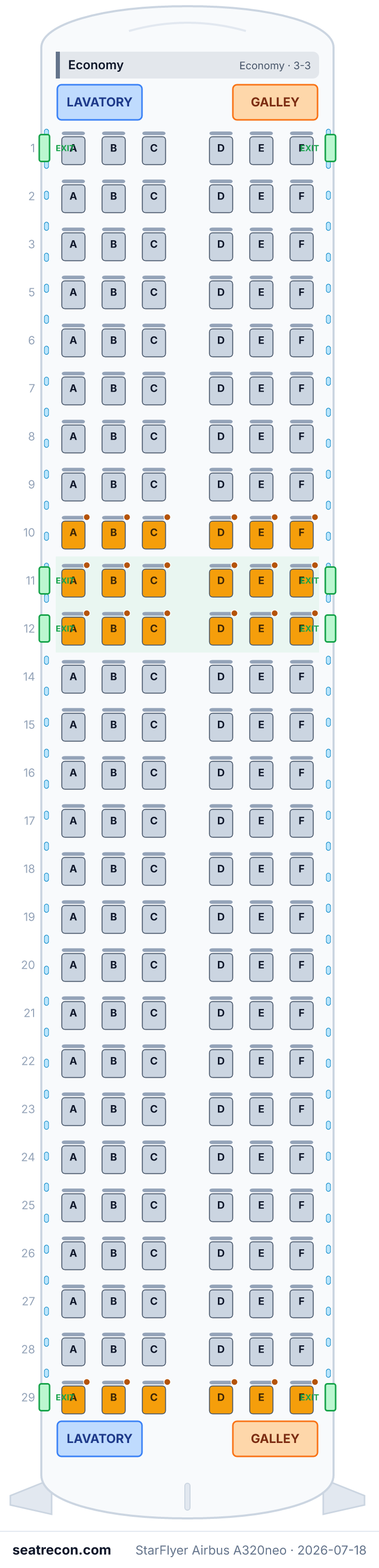 StarFlyer Airbus A320neo seat map diagram — Economy (162 seats)