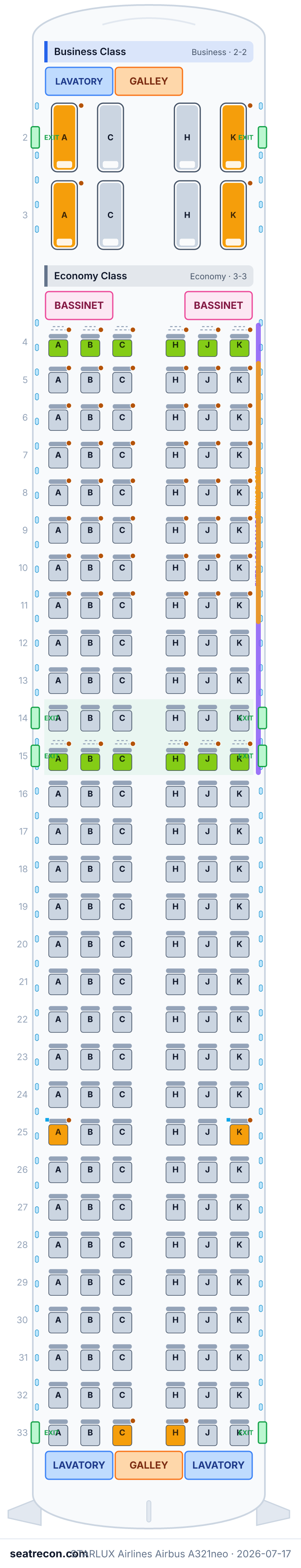STARLUX Airlines Airbus A321neo seat map diagram — Business Class, Economy Class (188 seats)