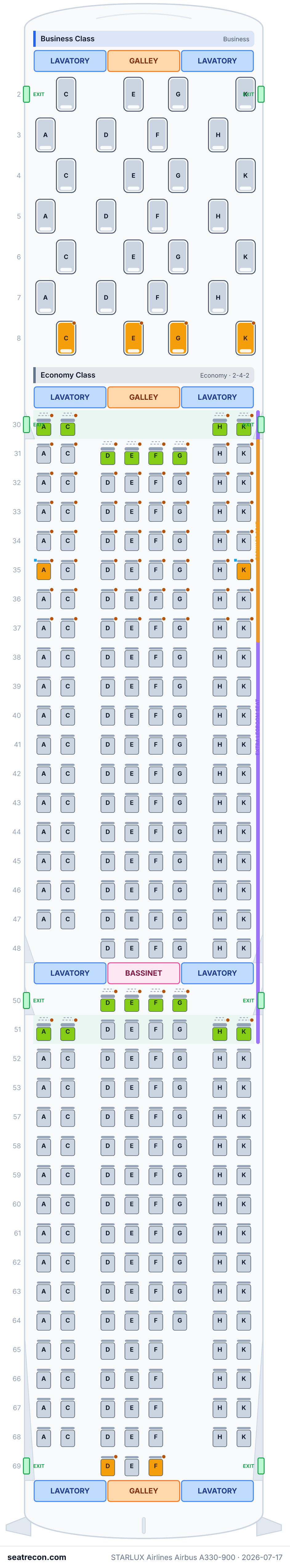 STARLUX Airlines Airbus A330-900 seat map diagram — Business Class, Economy Class (297 seats)