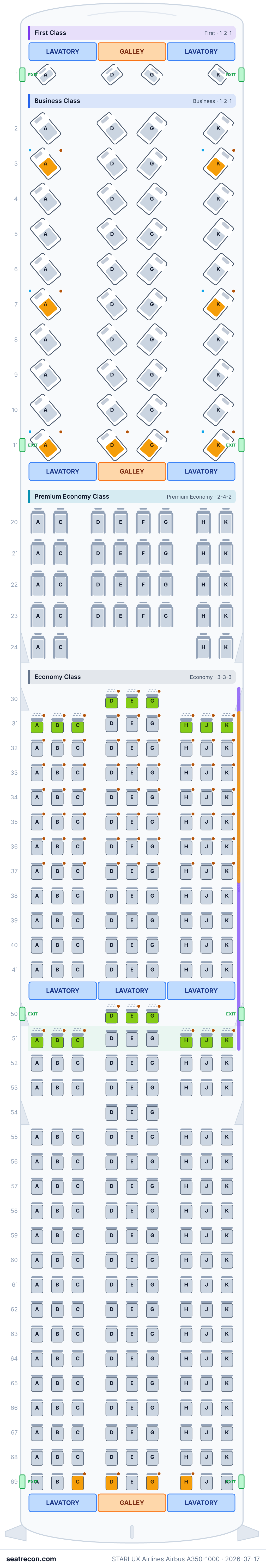 STARLUX Airlines Airbus A350-1000 seat map diagram — First Class, Business Class, Premium Economy Class, Economy Class (350 seats)