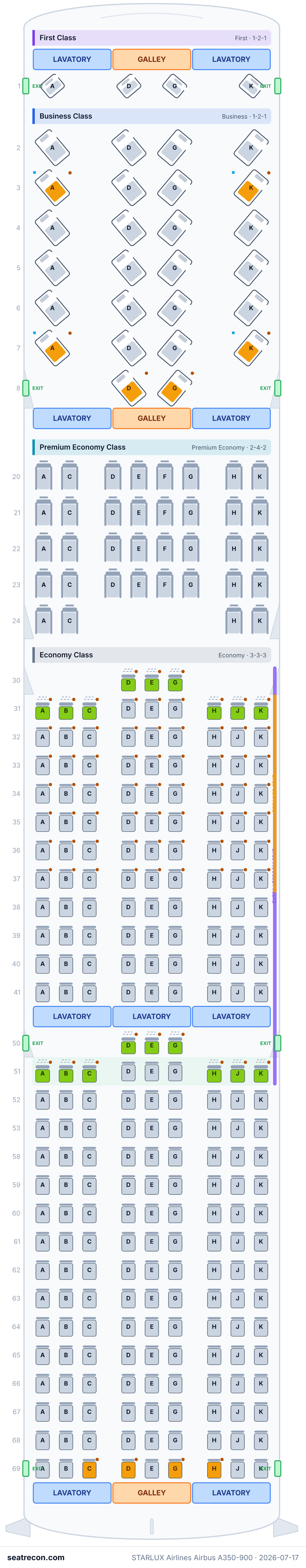 STARLUX Airlines Airbus A350-900 seat map diagram — First Class, Business Class, Premium Economy Class, Economy Class (306 seats)