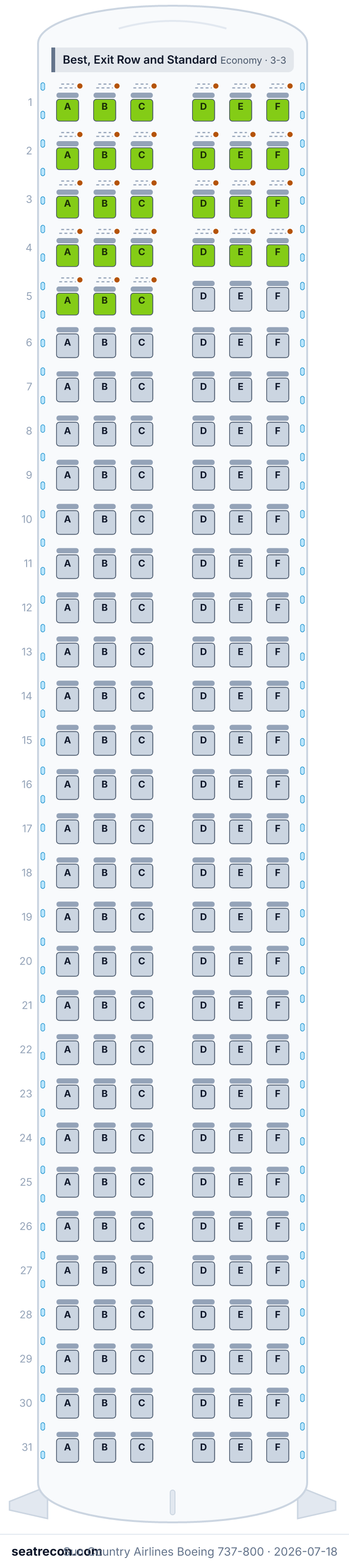Sun Country Airlines Boeing 737-800 seat map diagram — Best, Exit Row and Standard (186 seats)
