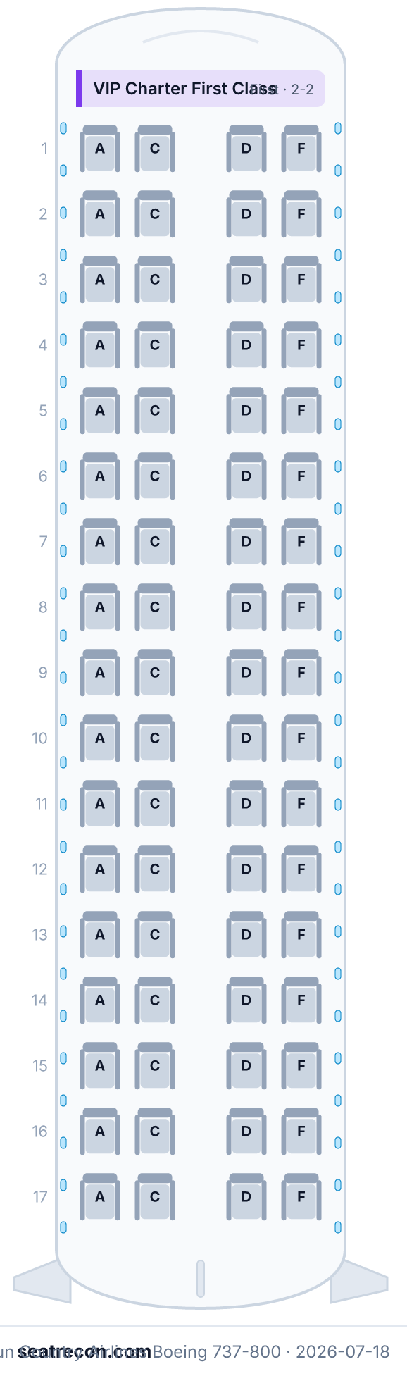 Sun Country Airlines Boeing 737-800 seat map diagram — VIP Charter First Class (68 seats)