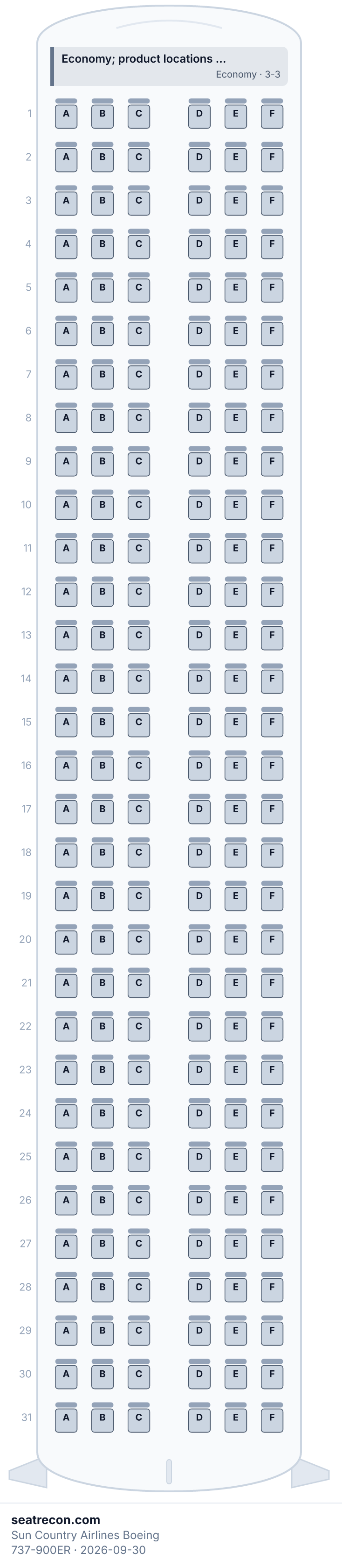 Sun Country Airlines Boeing 737-900ER seat map diagram — Economy; product locations unresolved (186 seats)