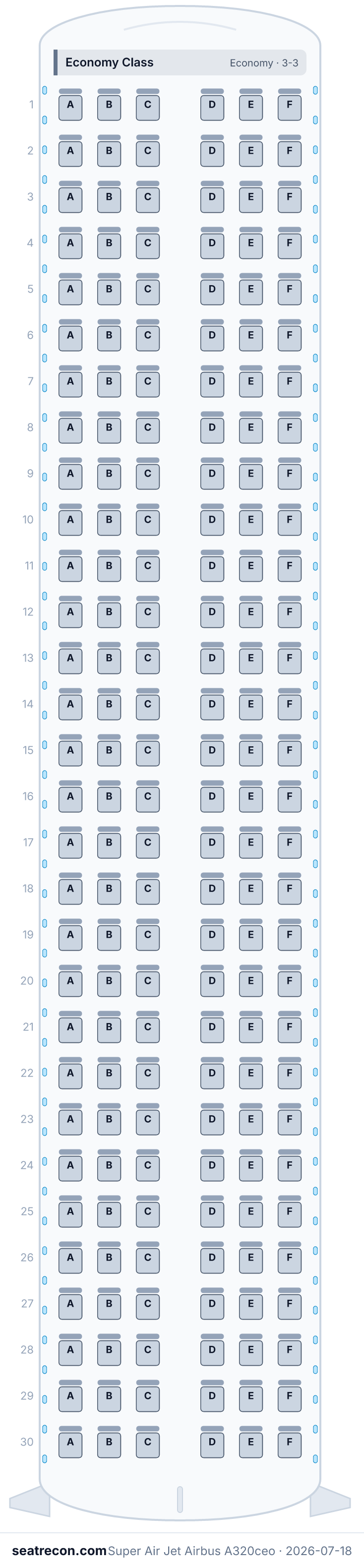 Super Air Jet Airbus A320ceo seat map diagram — Economy Class (180 seats)