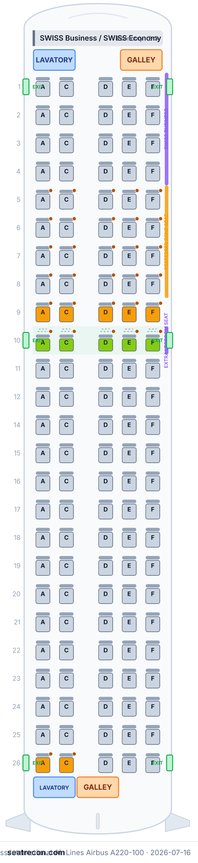 Swiss International Air Lines Airbus A220-100 seat map diagram — SWISS Business / SWISS Economy (125 seats)
