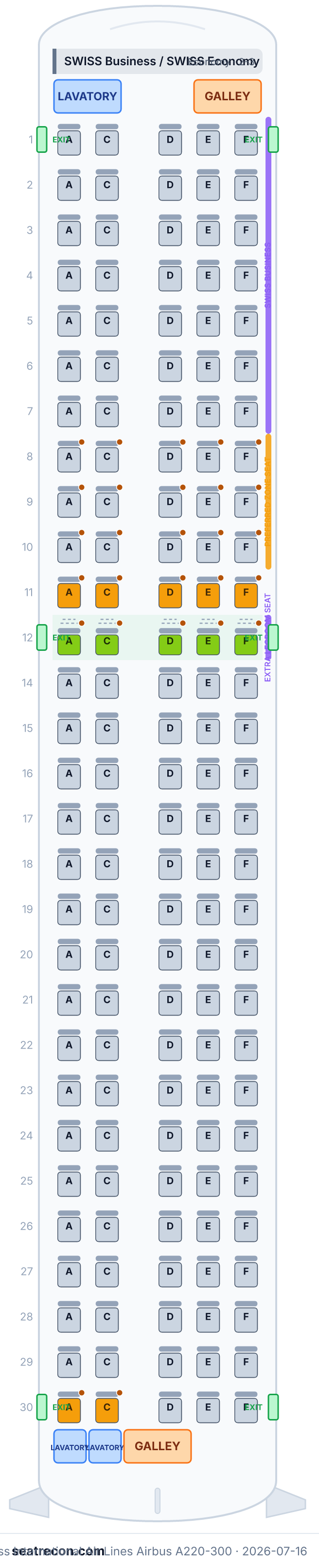 Swiss International Air Lines Airbus A220-300 seat map diagram — SWISS Business / SWISS Economy (145 seats)