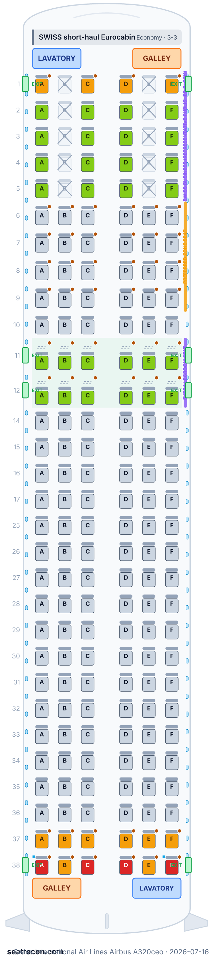 Swiss International Air Lines Airbus A320ceo seat map diagram — SWISS short-haul Eurocabin (180 seats)