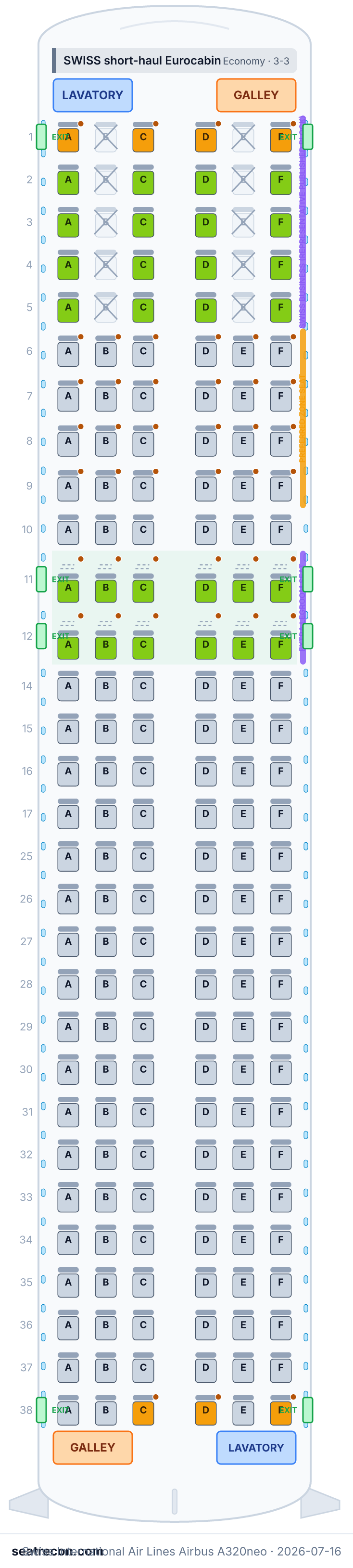 Swiss International Air Lines Airbus A320neo seat map diagram — SWISS short-haul Eurocabin (180 seats)