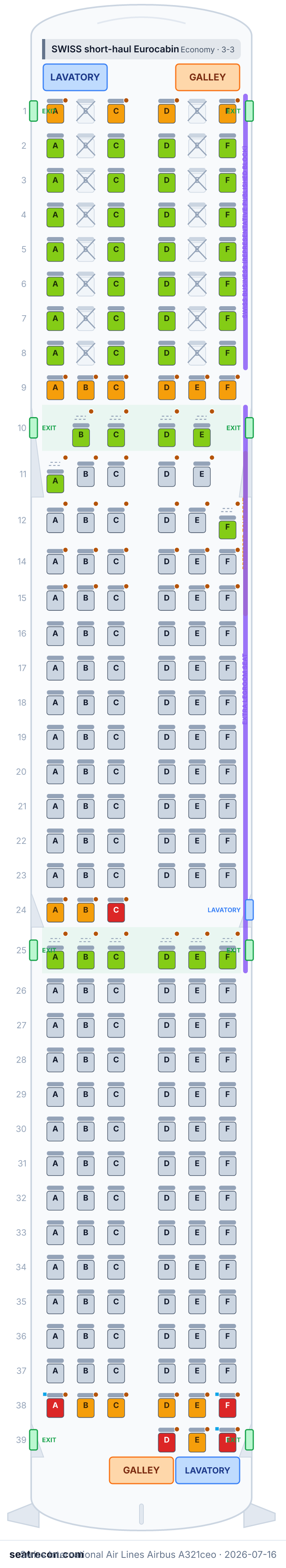 Swiss International Air Lines Airbus A321ceo seat map diagram — SWISS short-haul Eurocabin (219 seats)