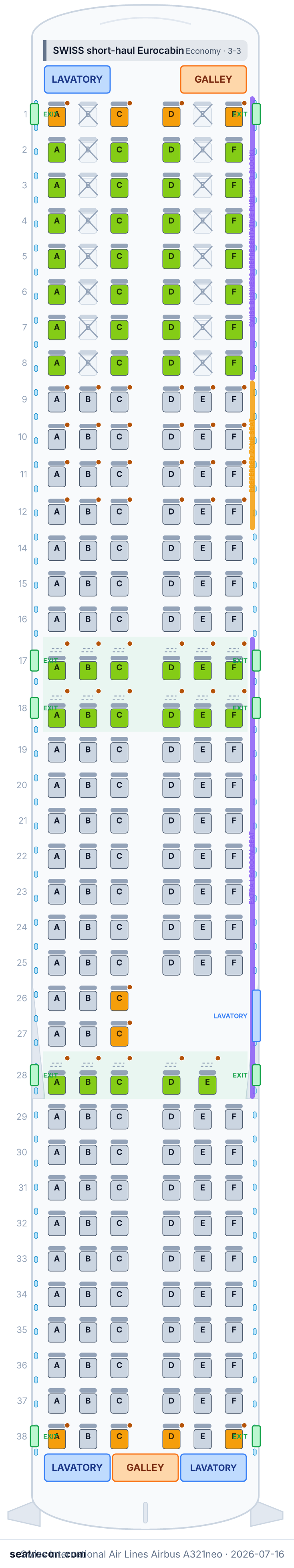 Swiss International Air Lines Airbus A321neo seat map diagram — SWISS short-haul Eurocabin (215 seats)