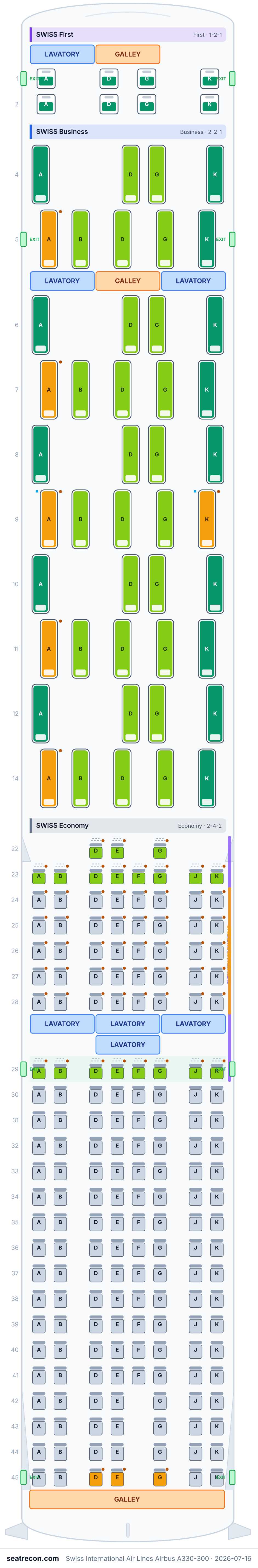 Swiss International Air Lines Airbus A330-300 seat map diagram — SWISS First, SWISS Business, SWISS Economy (236 seats)