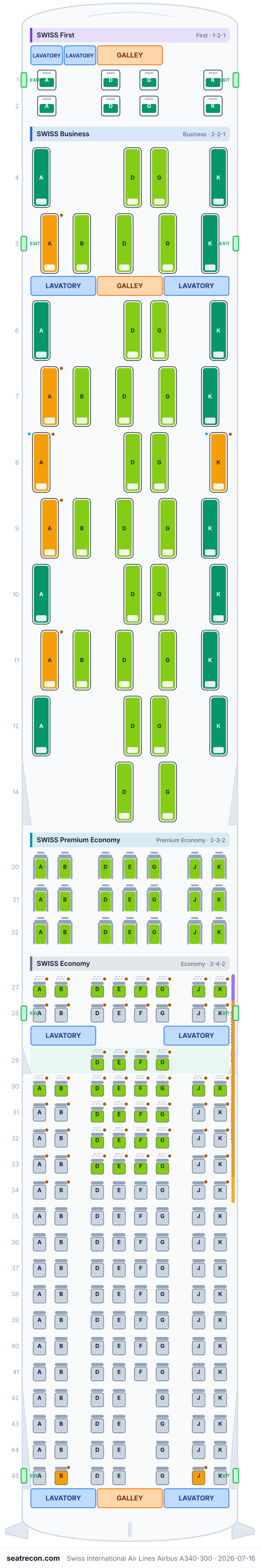 Swiss International Air Lines Airbus A340-300 seat map diagram — SWISS First, SWISS Business, SWISS Premium Economy, SWISS Economy (215 seats)