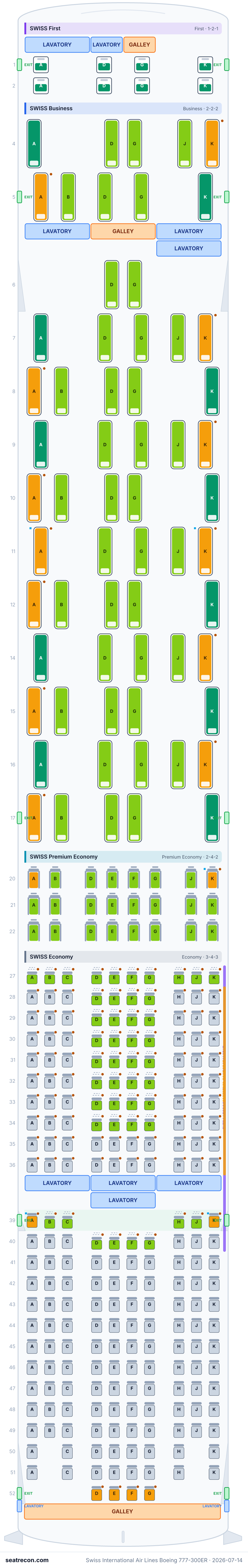 Swiss International Air Lines Boeing 777-300ER seat map diagram — SWISS First, SWISS Business, SWISS Premium Economy, SWISS Economy (320 seats)