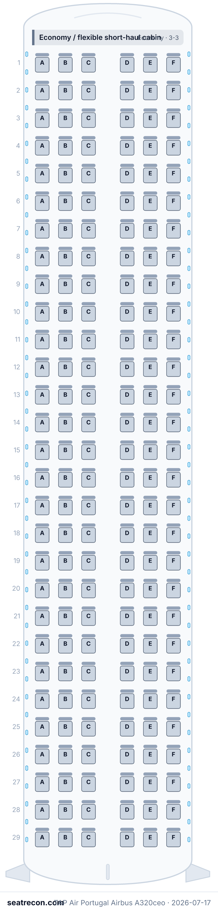 TAP Air Portugal Airbus A320ceo seat map diagram — Economy / flexible short-haul cabin (174 seats)