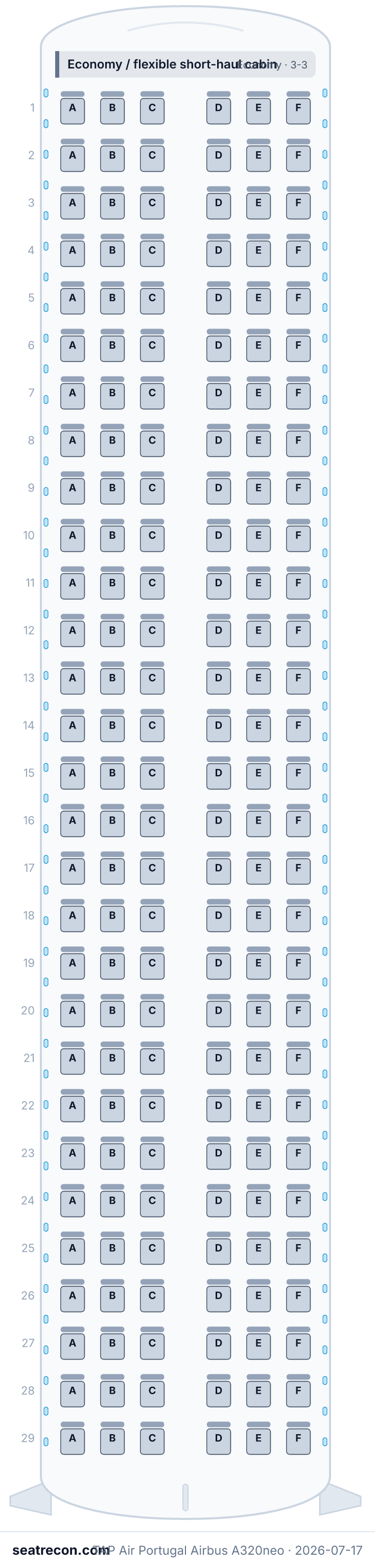 TAP Air Portugal Airbus A320neo seat map diagram — Economy / flexible short-haul cabin (174 seats)
