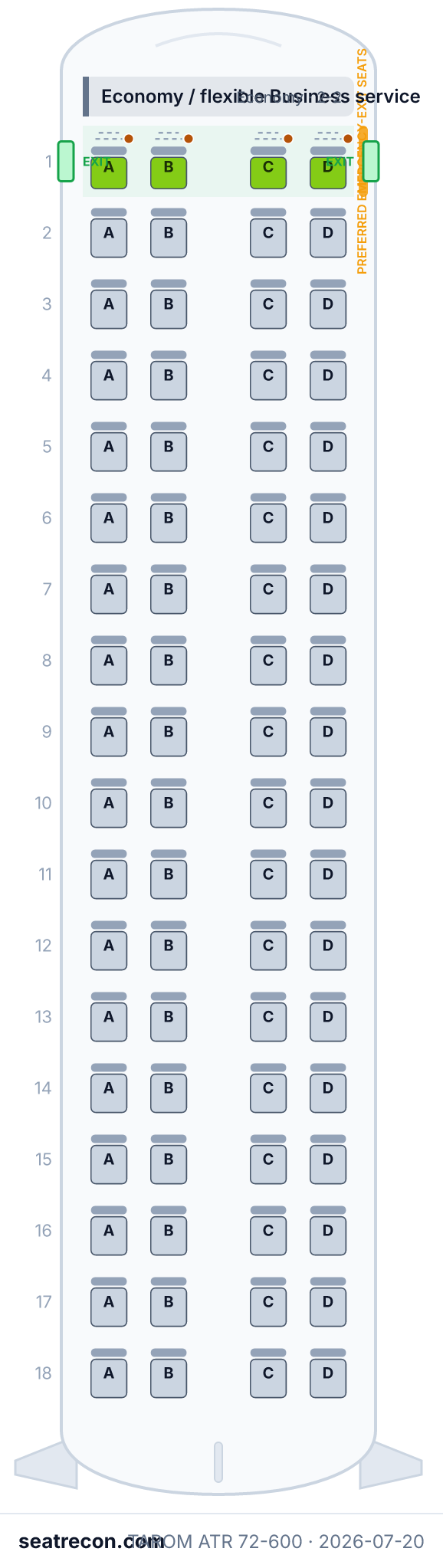 TAROM ATR 72-600 seat map (4N/68Y)