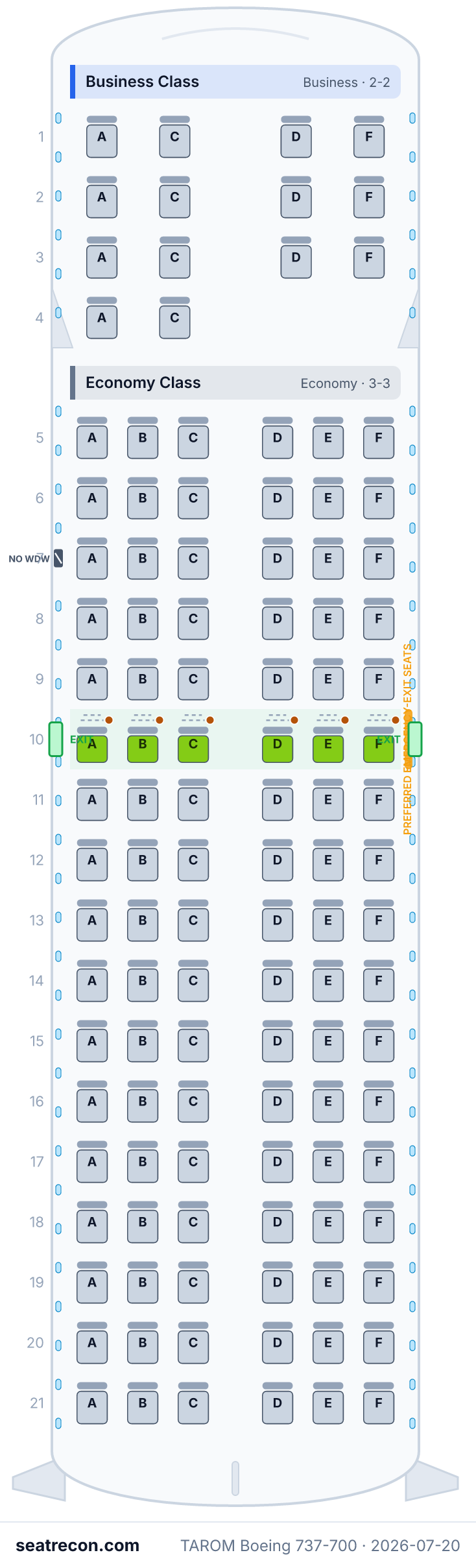 TAROM Boeing 737-700 seat map (14J/6N/96Y)