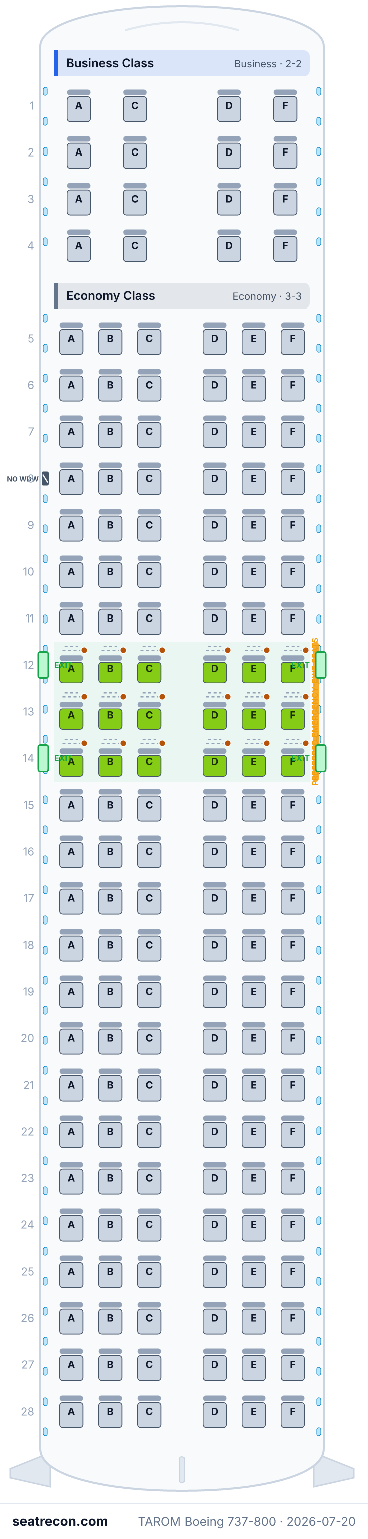 Mapa de asientos del Boeing 737-800 de TAROM (16J/18N/126Y)