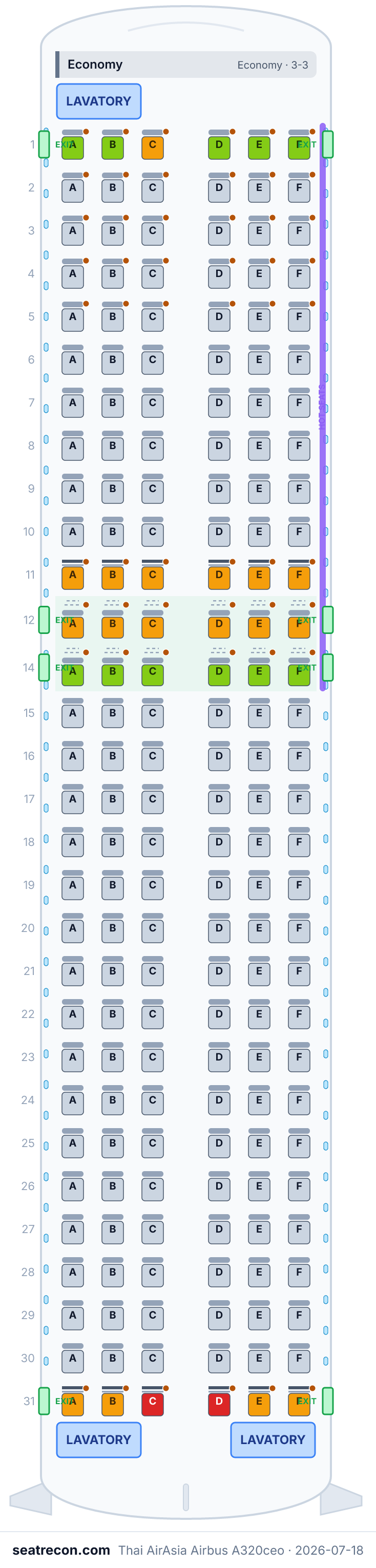 Thai AirAsia Airbus A320ceo seat map diagram — Economy (180 seats)