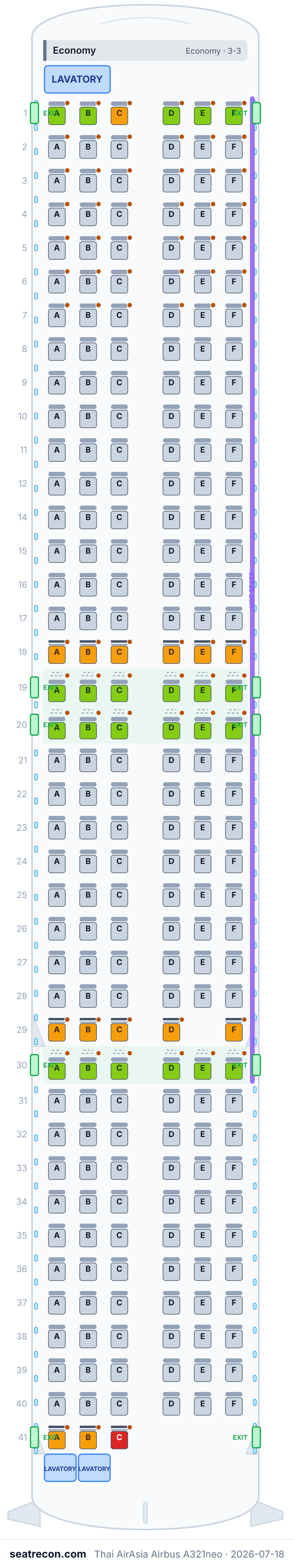 Thai AirAsia Airbus A321neo seat map diagram — Economy (236 seats)