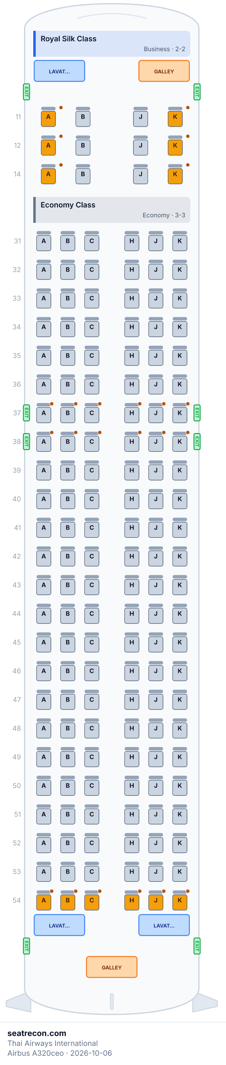 Thai Airways International Airbus A320ceo seat map diagram — Royal Silk Class, Economy Class (156 seats)
