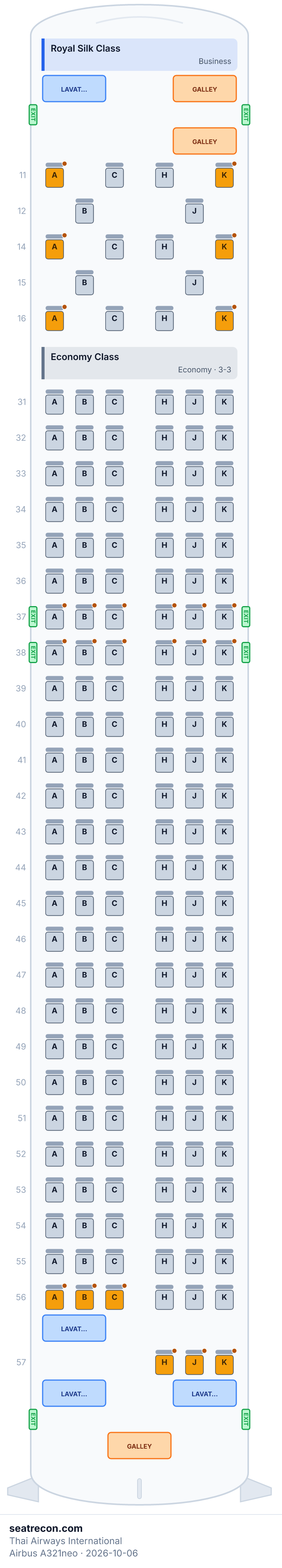 Thai Airways International Airbus A321neo seat map diagram — Royal Silk Class, Economy Class (175 seats)