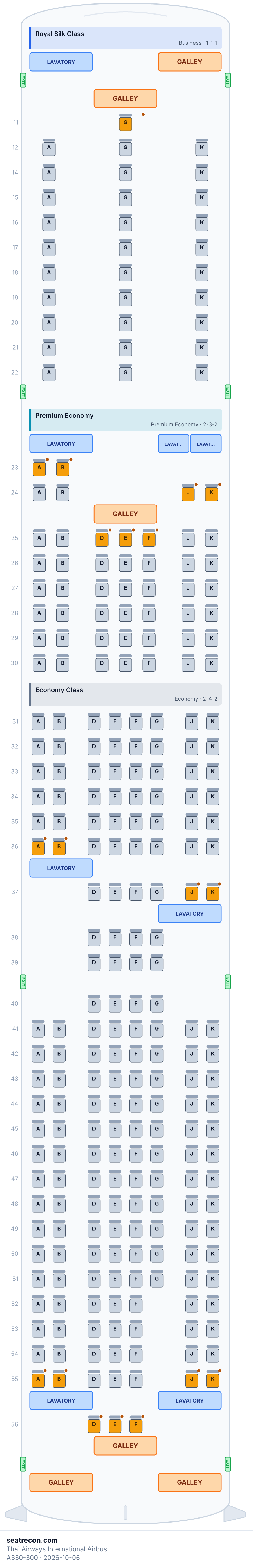 Thai Airways International Airbus A330-300 seat map diagram — Royal Silk Class, Premium Economy, Economy Class (264 seats)