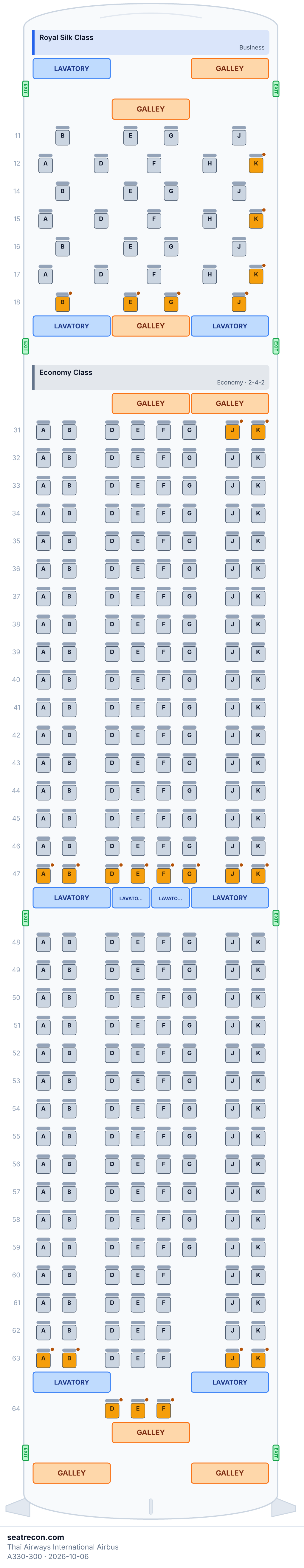 Thai Airways International Airbus A330-300 seat map diagram — Royal Silk Class, Economy Class (294 seats)