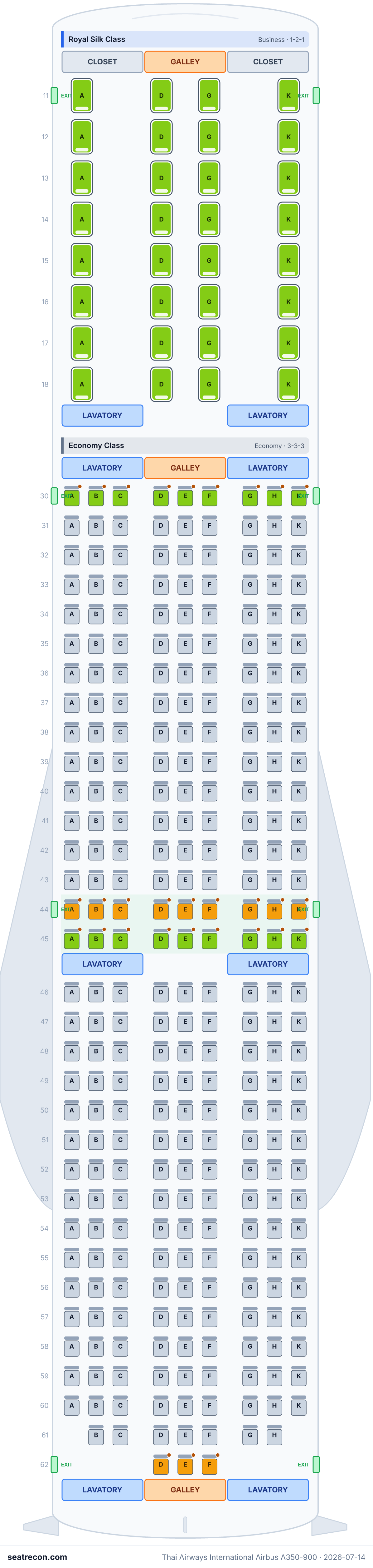 Thai Airways International Airbus A350-900 seat map diagram — Royal Silk Class, Economy Class (321 seats)