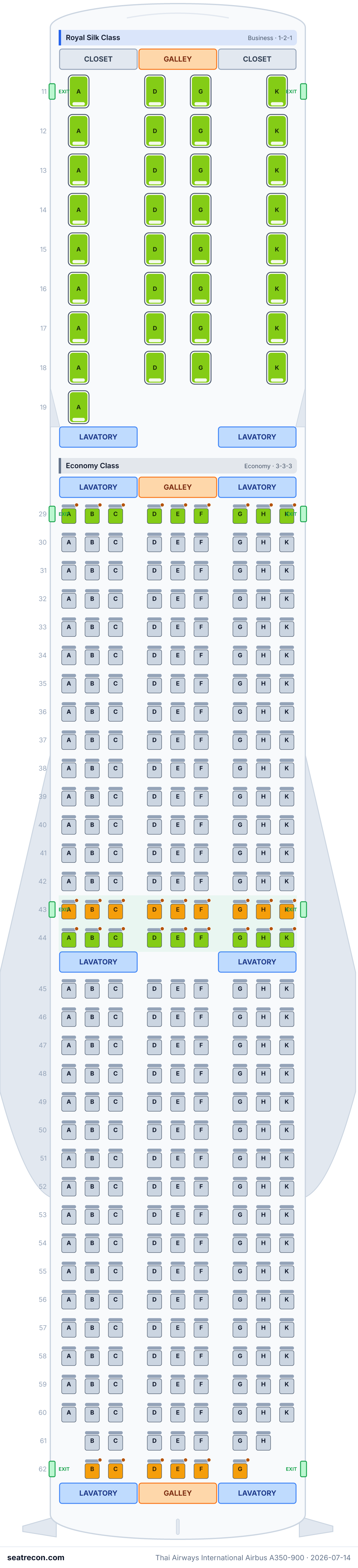 Thai Airways International Airbus A350-900 seat map diagram — Royal Silk Class, Economy Class (334 seats)