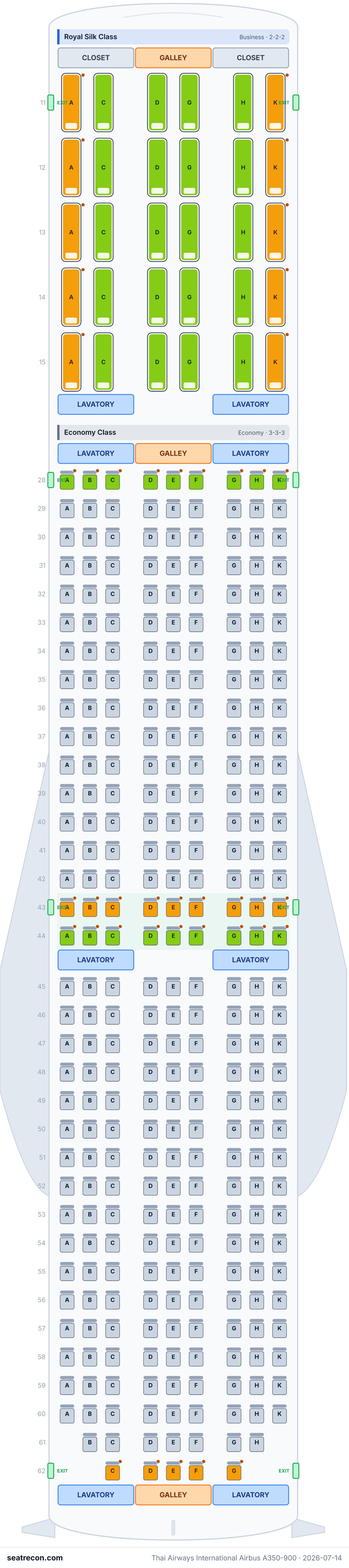 Thai Airways International Airbus A350-900 seat map diagram — Royal Silk Class, Economy Class (339 seats)