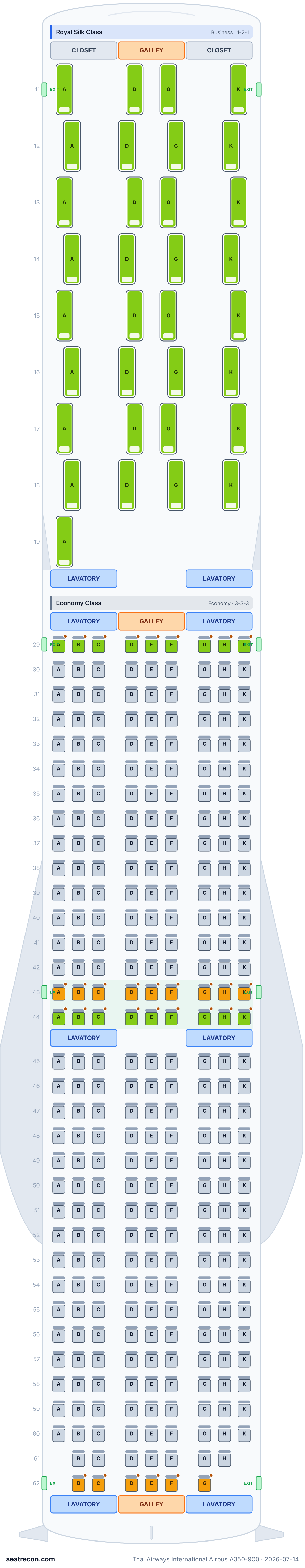Thai Airways International Airbus A350-900 seat map diagram — Royal Silk Class, Economy Class (334 seats)