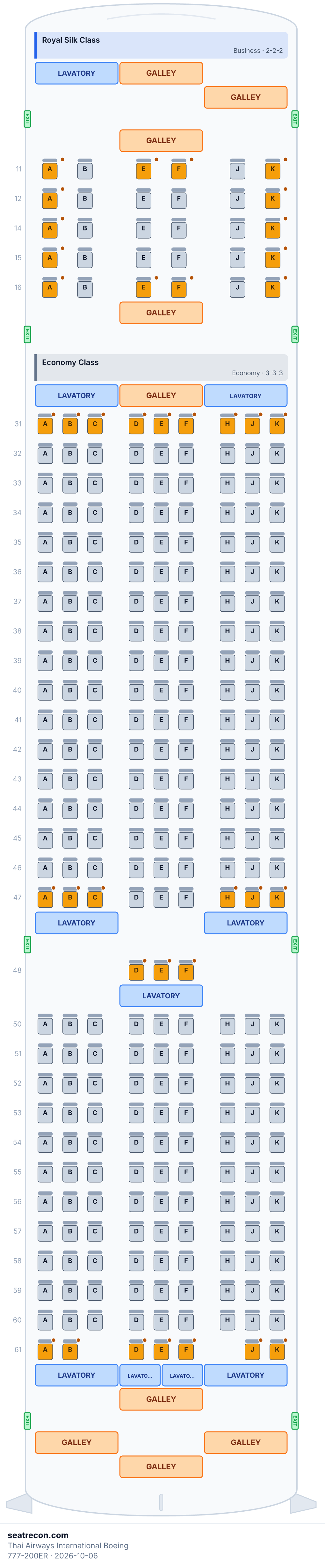 Thai Airways International Boeing 777-200ER seat map diagram — Royal Silk Class, Economy Class (292 seats)
