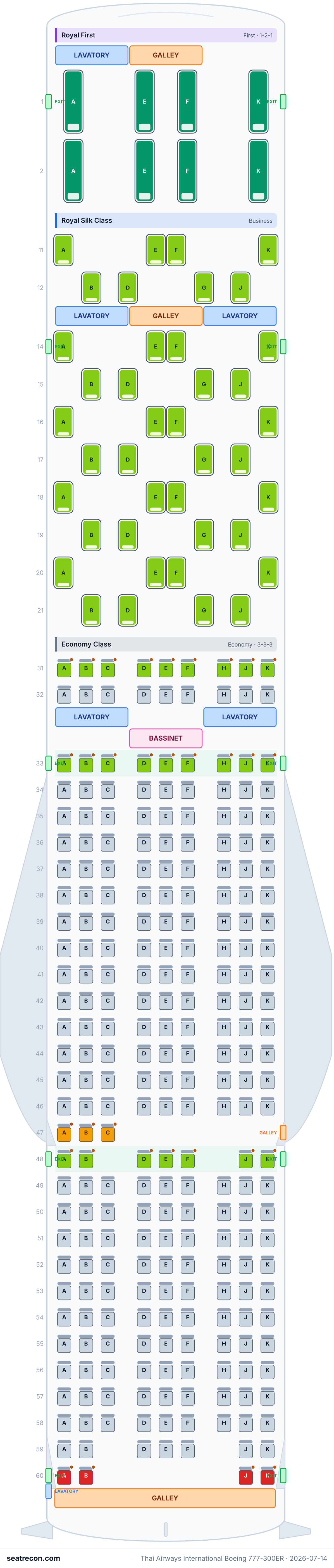 Thai Airways International Boeing 777-300ER seat map diagram — Royal First, Royal Silk Class, Economy Class (303 seats)