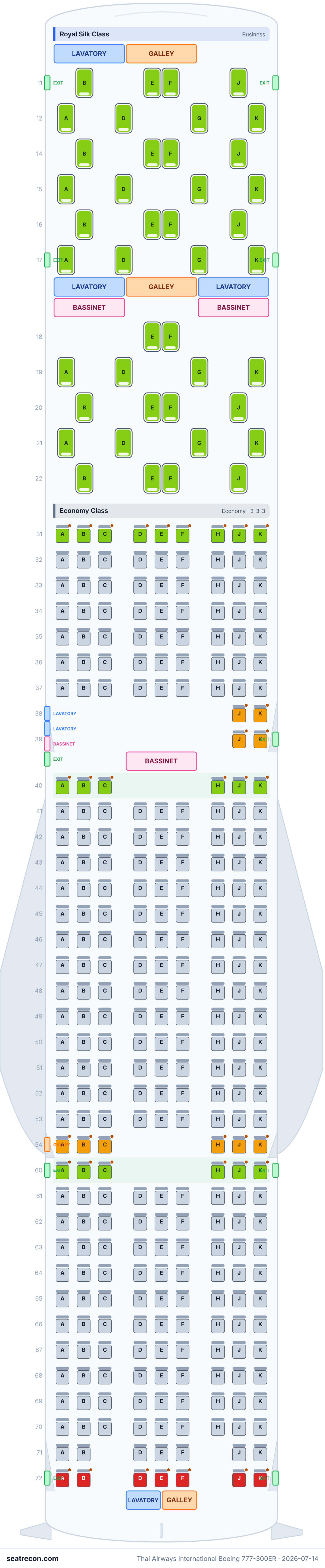 Thai Airways International Boeing 777-300ER seat map diagram — Royal Silk Class, Economy Class (348 seats)