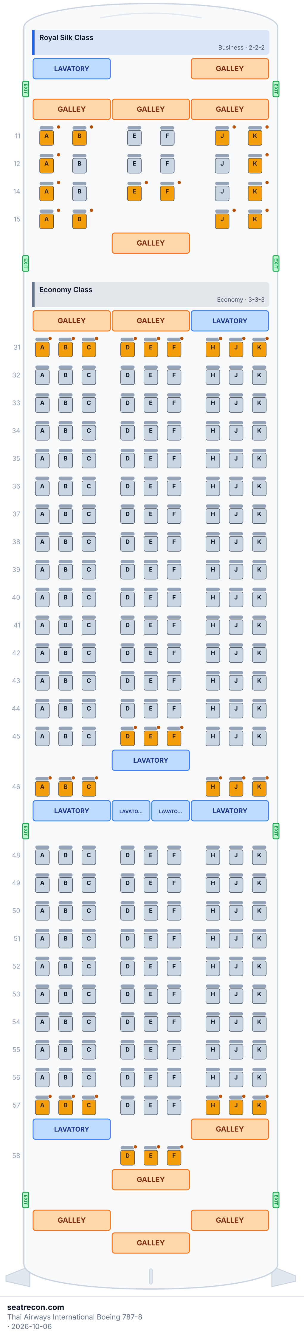 Thai Airways International Boeing 787-8 seat map diagram — Royal Silk Class, Economy Class (256 seats)