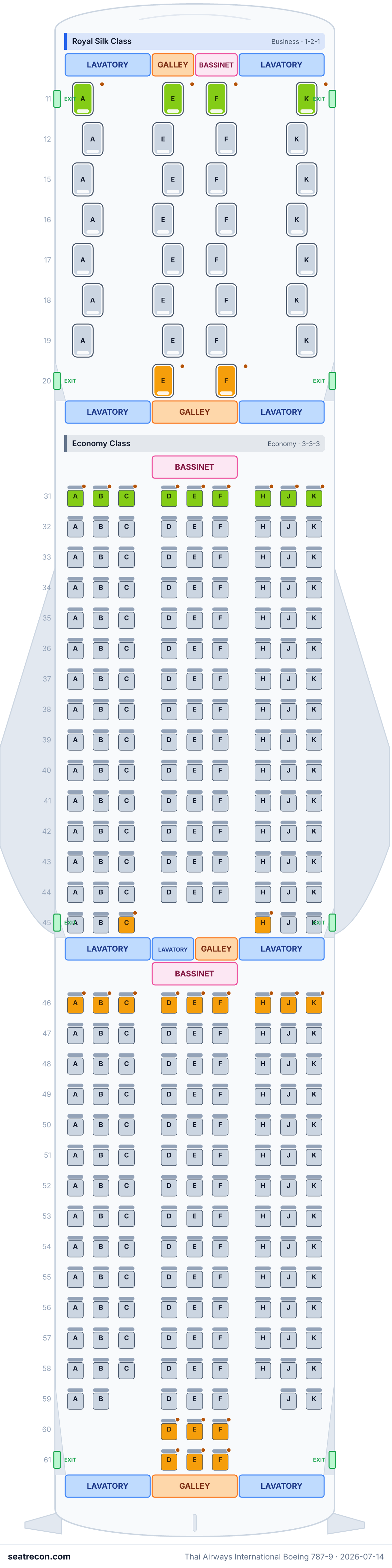 Thai Airways International Boeing 787-9 seat map diagram — Royal Silk Class, Economy Class (292 seats)