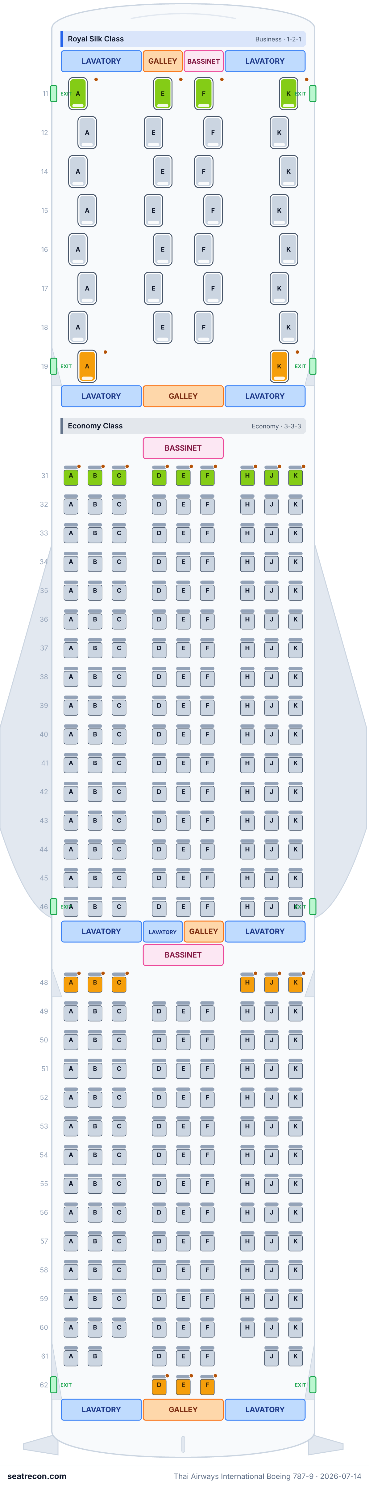 Thai Airways International Boeing 787-9 seat map diagram — Royal Silk Class, Economy Class (298 seats)